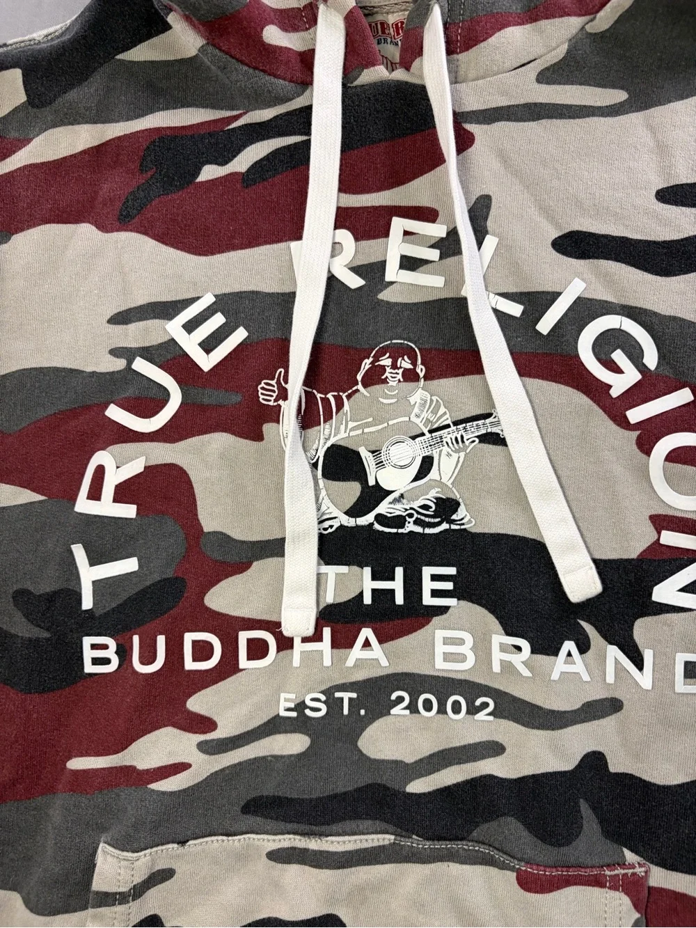 True Religion Camo Pullover Hoodie in Olive, Burgundy & Black